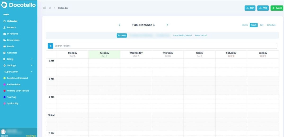 The Docotello calendar: a week view with a menu for patients, documents, emails, contacts and billing